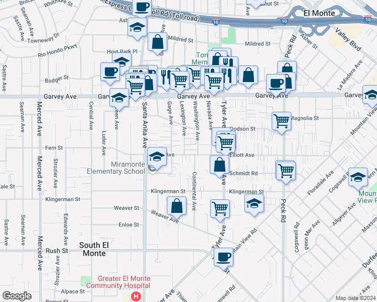 map of restaurants, bars, coffee shops, grocery stores, and more near 10809 Elliott Avenue in El Monte