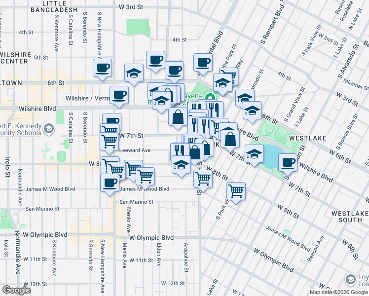 map of restaurants, bars, coffee shops, grocery stores, and more near 2847 Leeward Avenue in Los Angeles