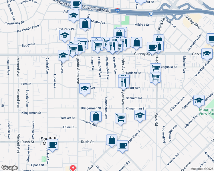 map of restaurants, bars, coffee shops, grocery stores, and more near 10829 Elliott Avenue in El Monte