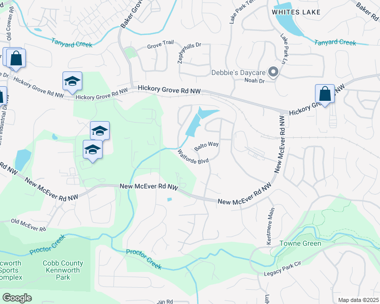 map of restaurants, bars, coffee shops, grocery stores, and more near 4461 Kentland Drive in Acworth