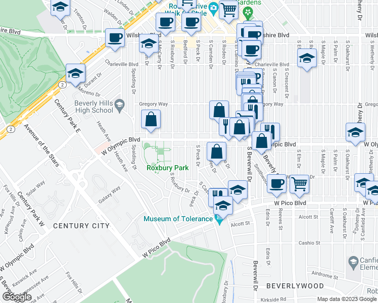 map of restaurants, bars, coffee shops, grocery stores, and more near 428 South Bedford Drive in Beverly Hills