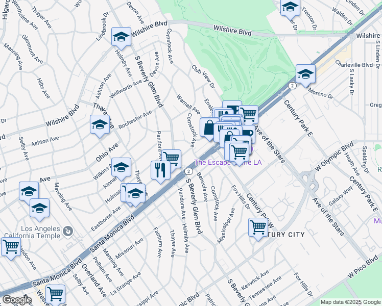 map of restaurants, bars, coffee shops, grocery stores, and more near 1725 Comstock Avenue in Los Angeles