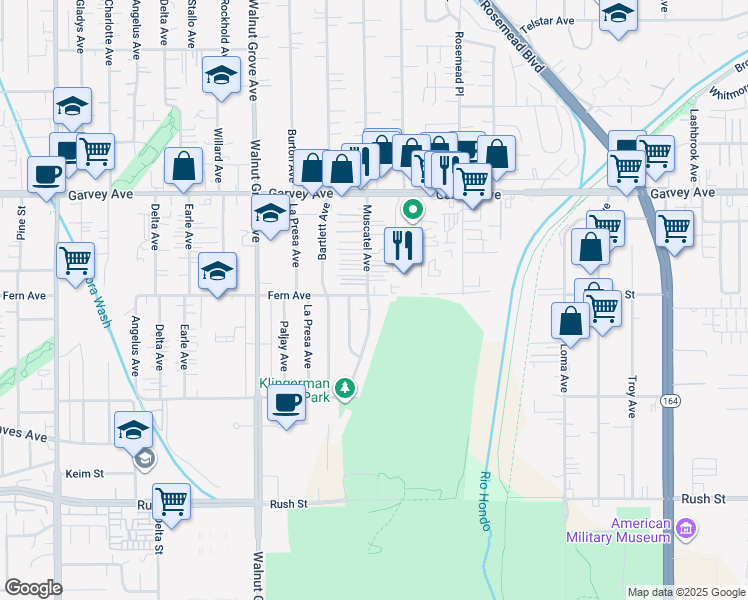 map of restaurants, bars, coffee shops, grocery stores, and more near 2572 Muscatel Avenue in Rosemead