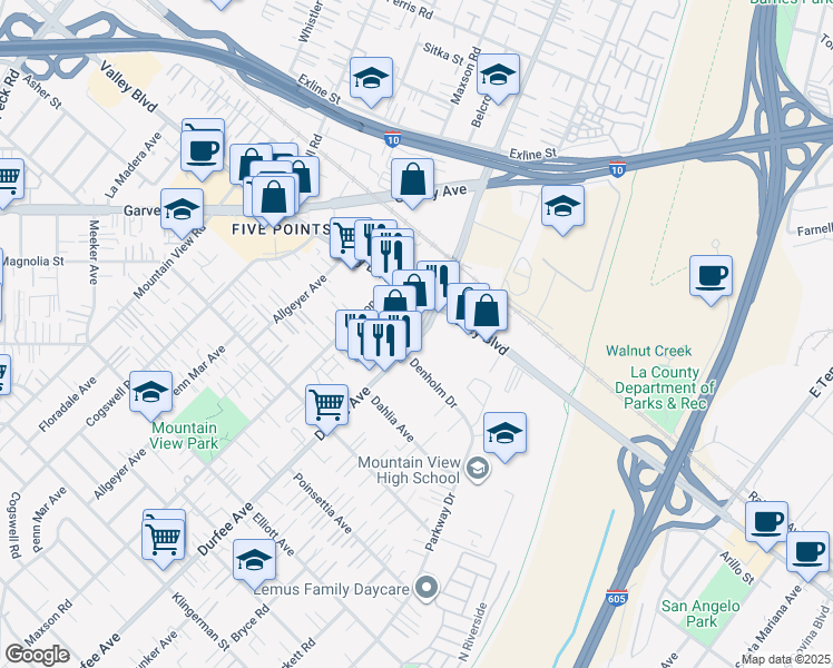 map of restaurants, bars, coffee shops, grocery stores, and more near 3023 Durfee Avenue in El Monte
