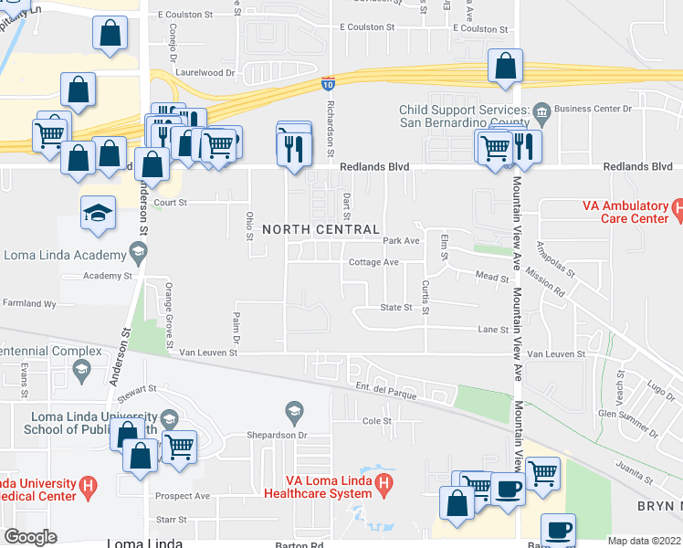map of restaurants, bars, coffee shops, grocery stores, and more near 10720 Lilac St in Loma Linda