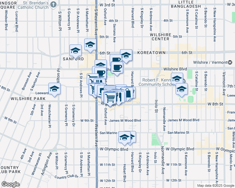 map of restaurants, bars, coffee shops, grocery stores, and more near 730 South Serrano Avenue in Los Angeles