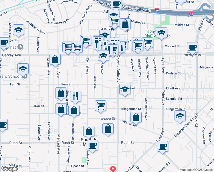 map of restaurants, bars, coffee shops, grocery stores, and more near 10427 Fern Street in El Monte