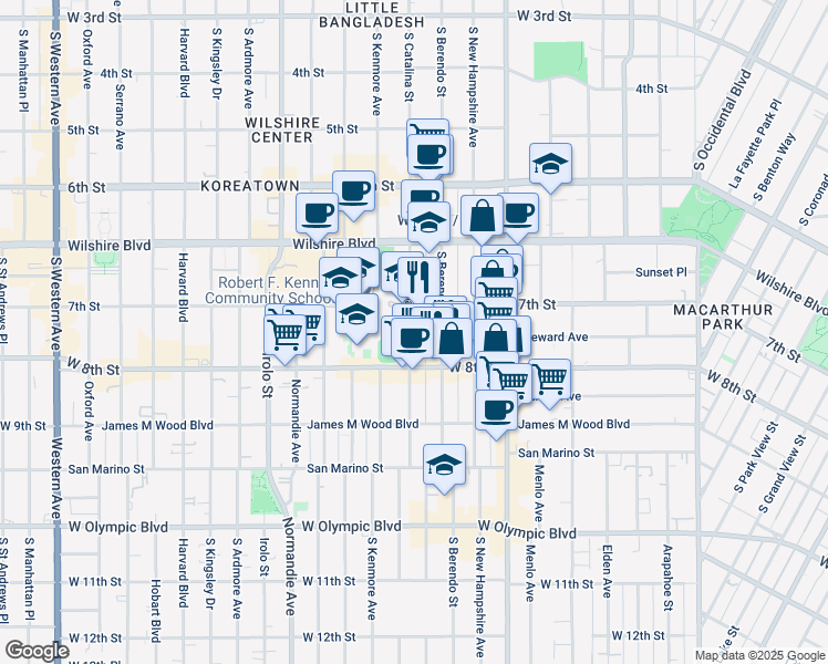 map of restaurants, bars, coffee shops, grocery stores, and more near 725 South Berendo Street in Los Angeles