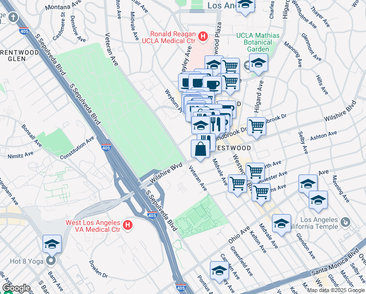 map of restaurants, bars, coffee shops, grocery stores, and more near 11100 Kinross Avenue in Los Angeles
