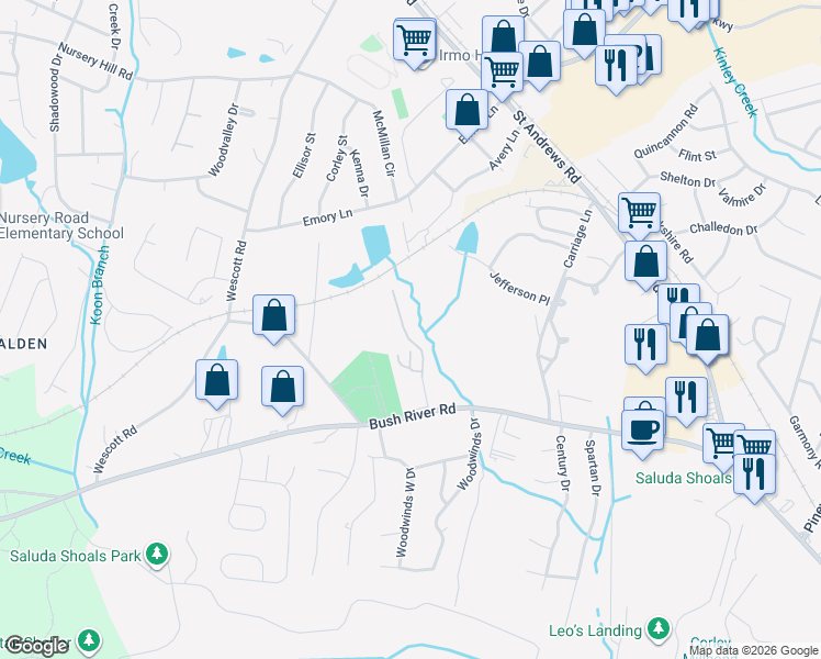 map of restaurants, bars, coffee shops, grocery stores, and more near 5324 Bush River Road in Columbia