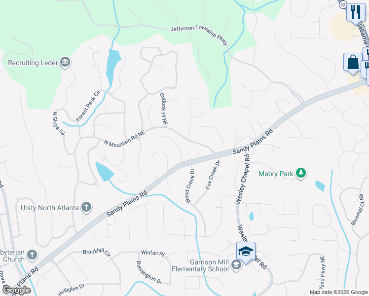 map of restaurants, bars, coffee shops, grocery stores, and more near 4488 Pine Hill Terrace Northeast in Marietta