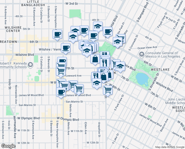 map of restaurants, bars, coffee shops, grocery stores, and more near 2911 Leeward Avenue in Los Angeles