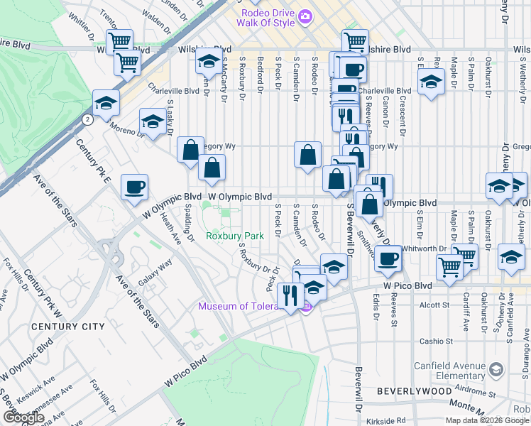 map of restaurants, bars, coffee shops, grocery stores, and more near 428 South Bedford Drive in Beverly Hills