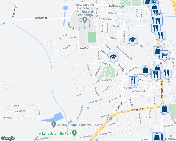 map of restaurants, bars, coffee shops, grocery stores, and more near 115 Mustang Drive in Socorro
