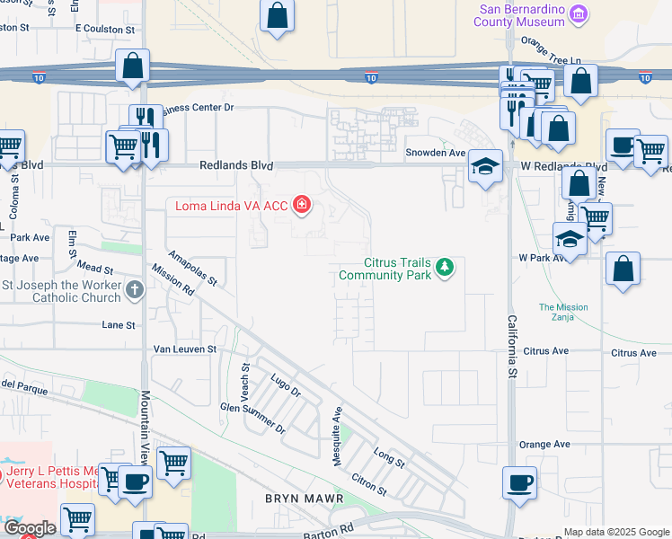 map of restaurants, bars, coffee shops, grocery stores, and more near 26001 Redlands Boulevard in Redlands