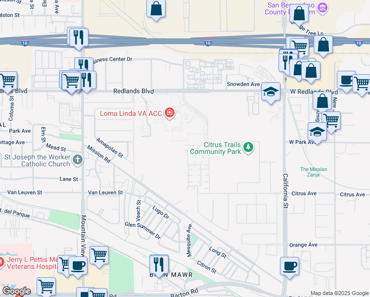 map of restaurants, bars, coffee shops, grocery stores, and more near 26001 Redlands Boulevard in Redlands
