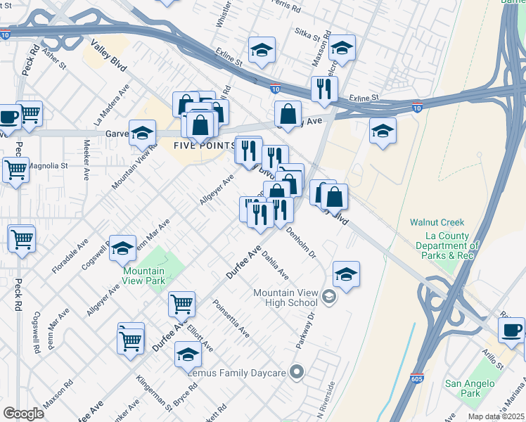 map of restaurants, bars, coffee shops, grocery stores, and more near 3012 Maxson Road in El Monte
