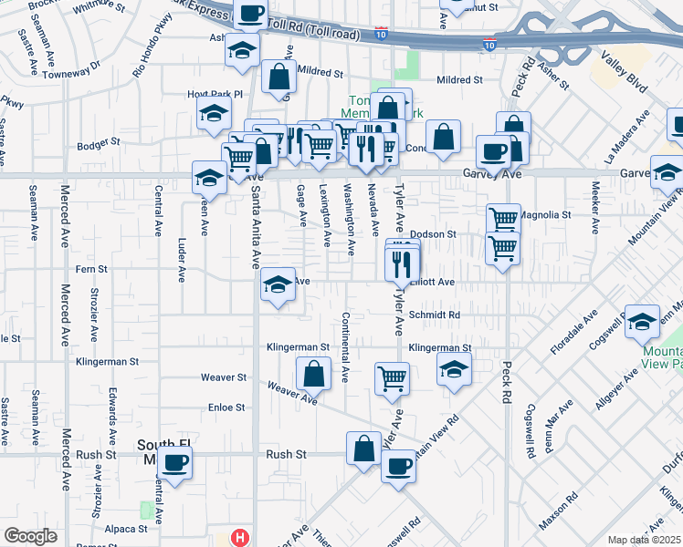 map of restaurants, bars, coffee shops, grocery stores, and more near 2615 Washington Avenue in South El Monte