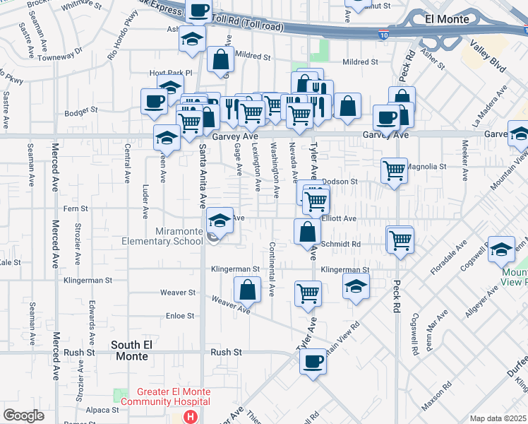 map of restaurants, bars, coffee shops, grocery stores, and more near 2615 Washington Avenue in South El Monte