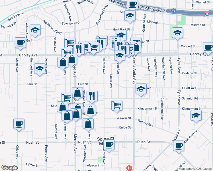 map of restaurants, bars, coffee shops, grocery stores, and more near 2560 Central Avenue in South El Monte