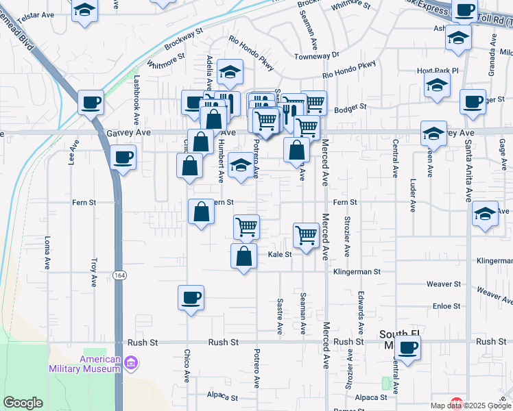 map of restaurants, bars, coffee shops, grocery stores, and more near 2561 Potrero Avenue in El Monte