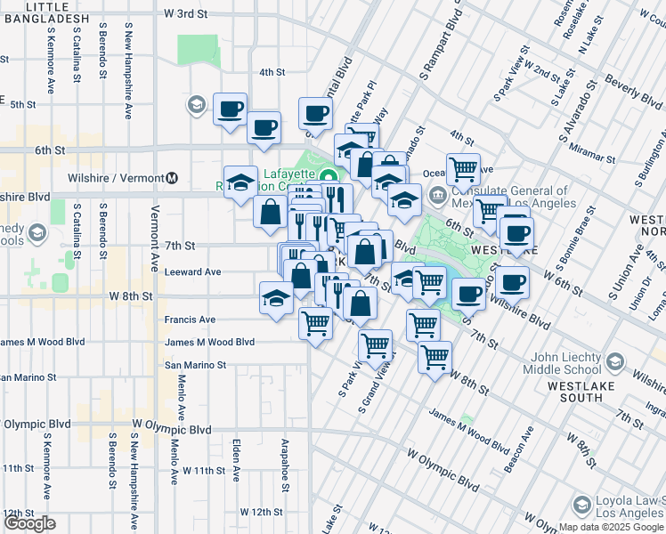 map of restaurants, bars, coffee shops, grocery stores, and more near in Los Angeles