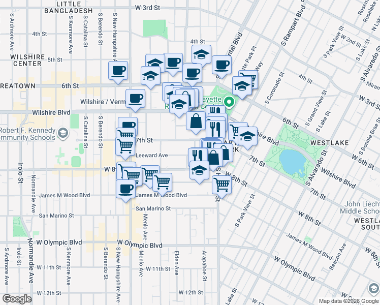 map of restaurants, bars, coffee shops, grocery stores, and more near 2911 Leeward Avenue in Los Angeles
