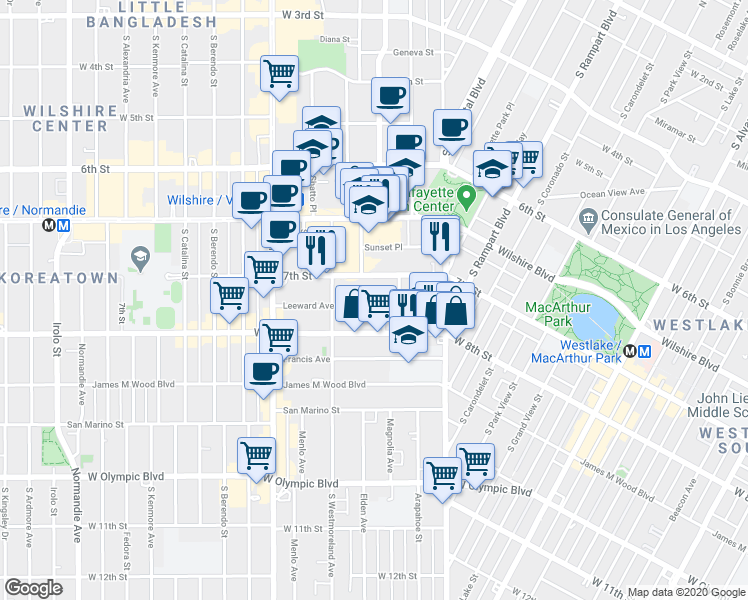 map of restaurants, bars, coffee shops, grocery stores, and more near 2905 Leeward Avenue in Los Angeles
