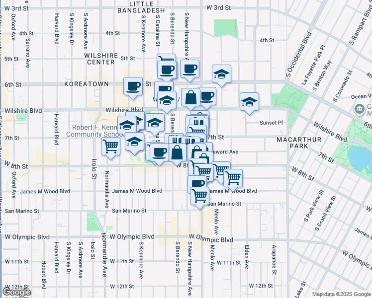 map of restaurants, bars, coffee shops, grocery stores, and more near 725 South New Hampshire Avenue in Los Angeles