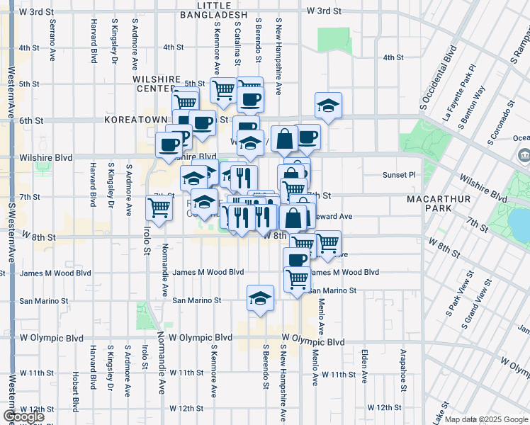 map of restaurants, bars, coffee shops, grocery stores, and more near 725 South Berendo Street in Los Angeles