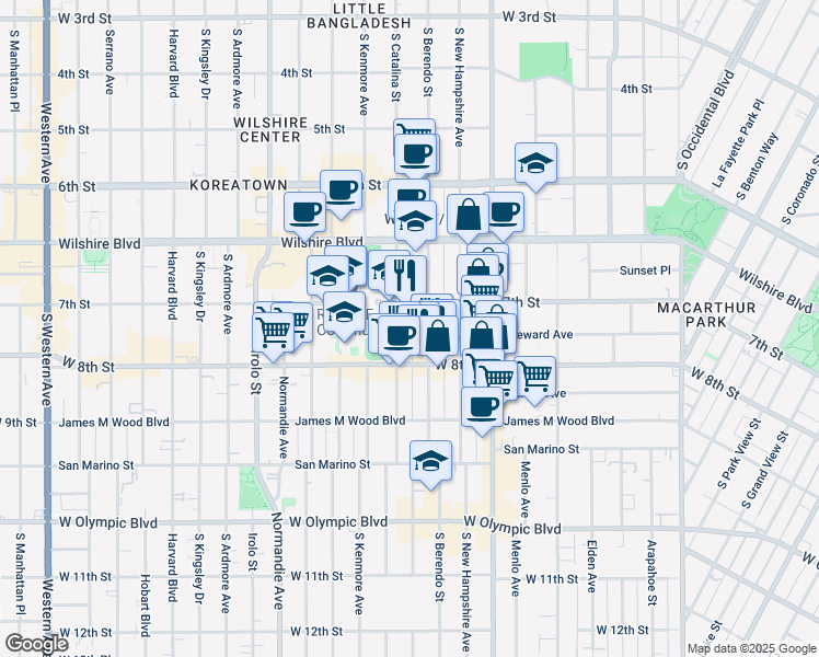 map of restaurants, bars, coffee shops, grocery stores, and more near 725 South Berendo Street in Los Angeles