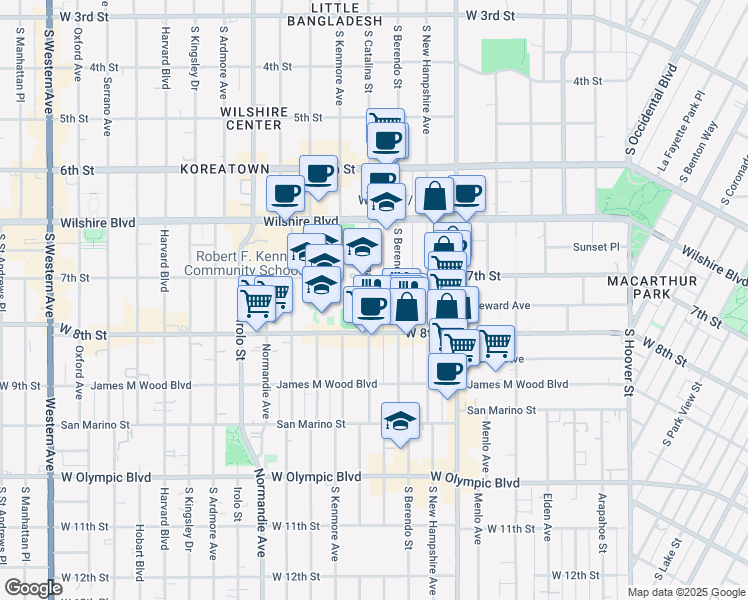 map of restaurants, bars, coffee shops, grocery stores, and more near 725 South Berendo Street in Los Angeles