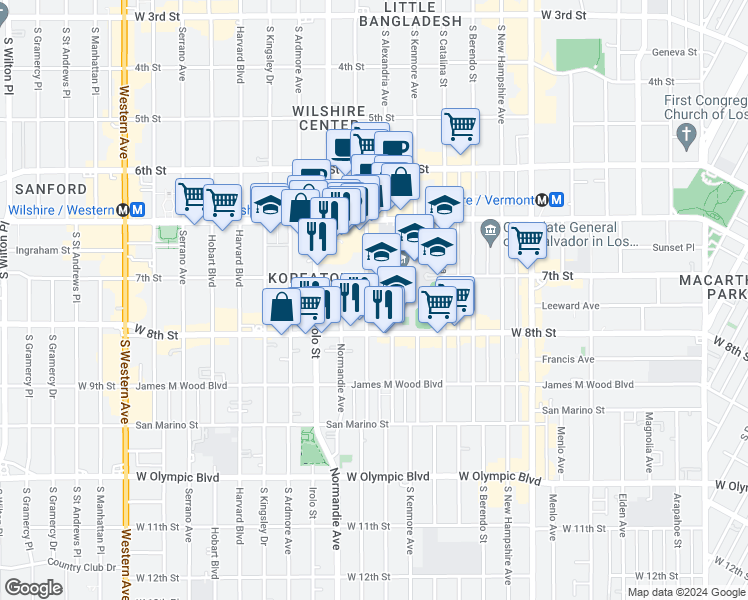map of restaurants, bars, coffee shops, grocery stores, and more near 721 South Mariposa Avenue in Los Angeles
