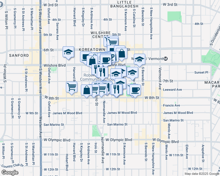 map of restaurants, bars, coffee shops, grocery stores, and more near 721 South Mariposa Avenue in Los Angeles