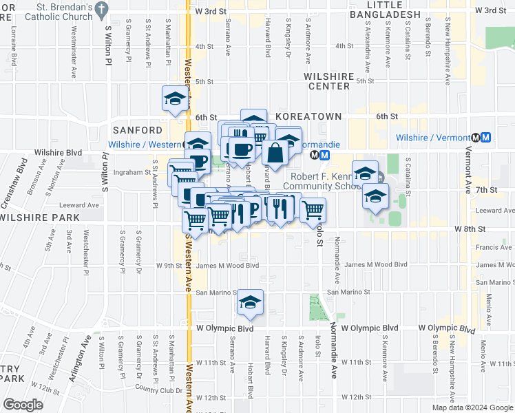 map of restaurants, bars, coffee shops, grocery stores, and more near 720 South Hobart Boulevard in Los Angeles