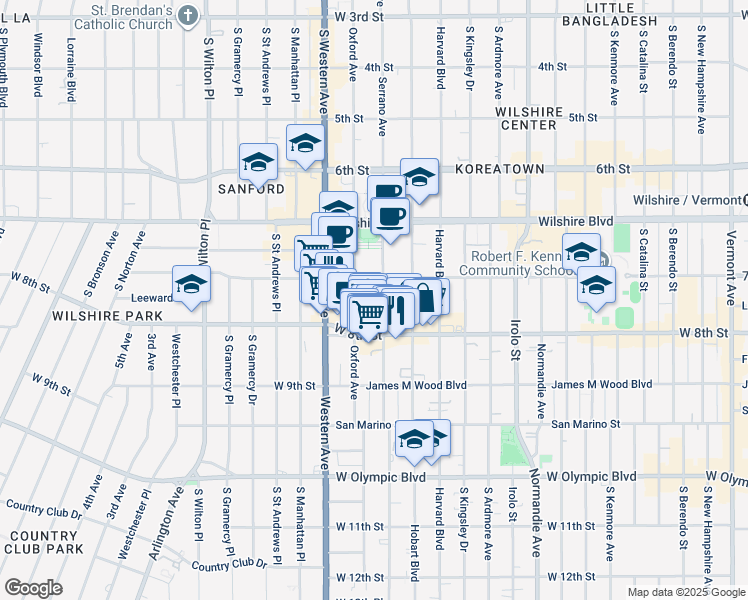 map of restaurants, bars, coffee shops, grocery stores, and more near 730 South Serrano Avenue in Los Angeles