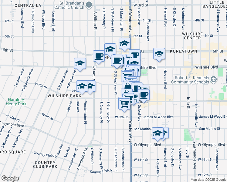 map of restaurants, bars, coffee shops, grocery stores, and more near 718 South Saint Andrews Place in Los Angeles