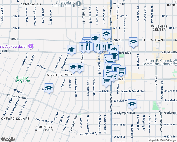 map of restaurants, bars, coffee shops, grocery stores, and more near 717 South Gramercy Drive in Los Angeles