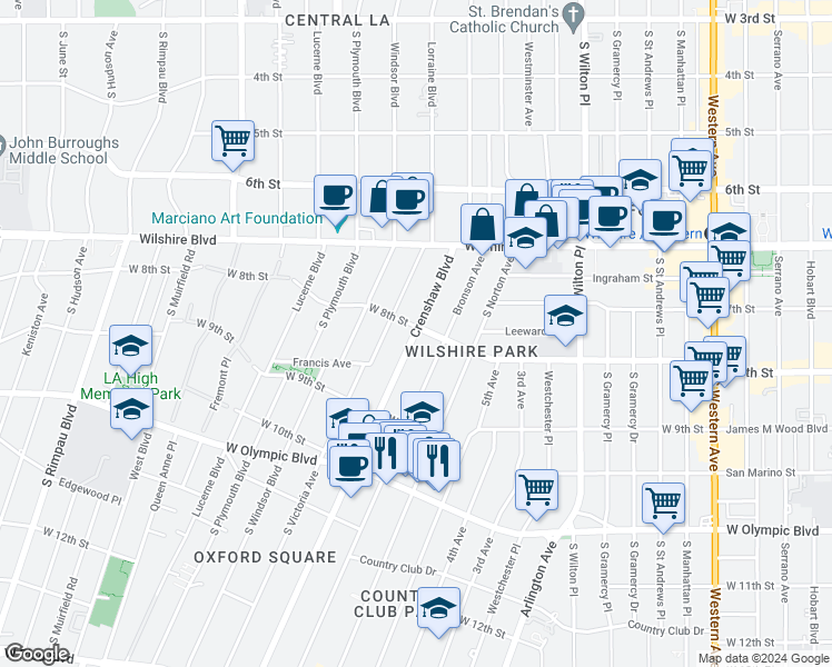 map of restaurants, bars, coffee shops, grocery stores, and more near 750 Crenshaw Boulevard in Los Angeles