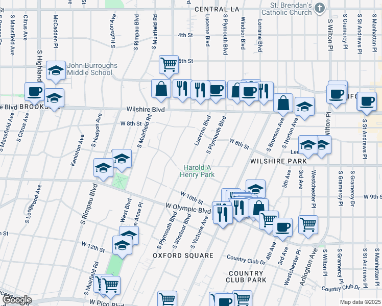 map of restaurants, bars, coffee shops, grocery stores, and more near 853 South Lucerne Boulevard in Los Angeles