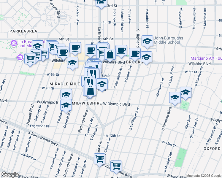 map of restaurants, bars, coffee shops, grocery stores, and more near 5215 West 9th Street in Los Angeles