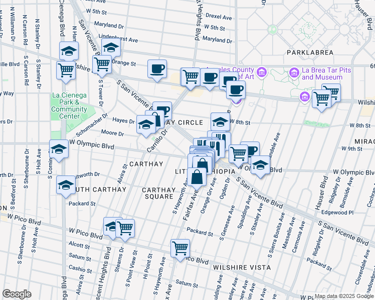 map of restaurants, bars, coffee shops, grocery stores, and more near 6138 South San Vicente Boulevard in Los Angeles