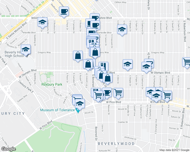 map of restaurants, bars, coffee shops, grocery stores, and more near 423 South Beverwil Drive in Beverly Hills