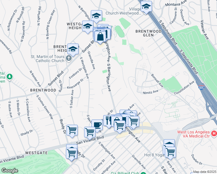 map of restaurants, bars, coffee shops, grocery stores, and more near 555 South Barrington Avenue in Los Angeles