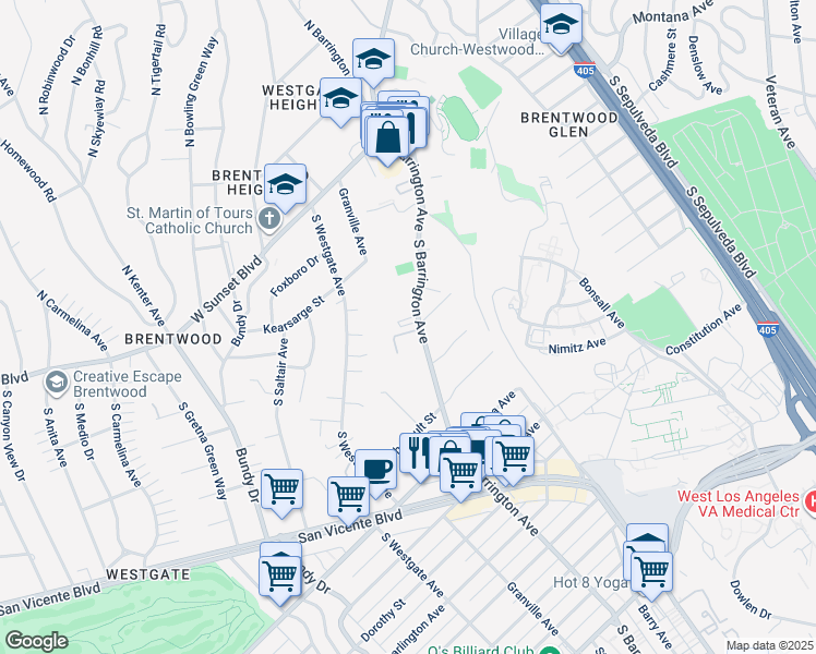 map of restaurants, bars, coffee shops, grocery stores, and more near 555 South Barrington Avenue in Los Angeles