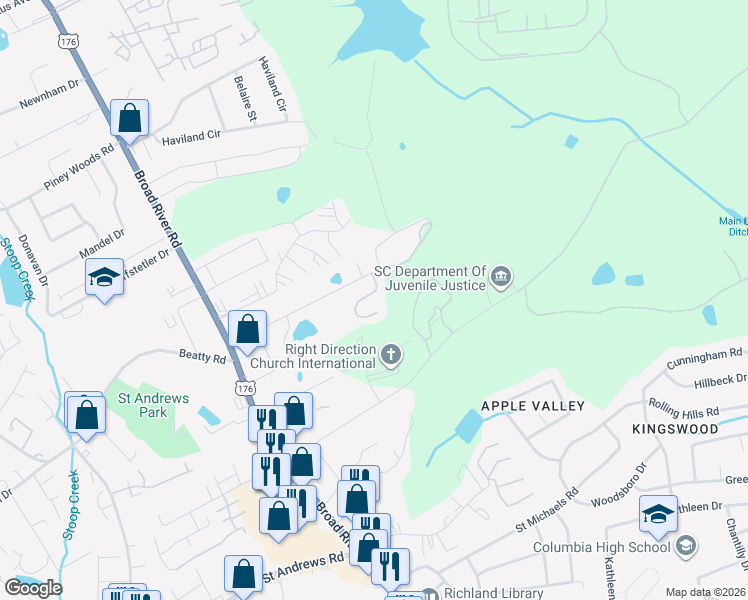 map of restaurants, bars, coffee shops, grocery stores, and more near 201-226 Saint Andrews Terrace Road in Columbia