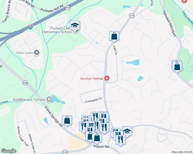 map of restaurants, bars, coffee shops, grocery stores, and more near 2185 Ashton Ridge Drive in Dacula
