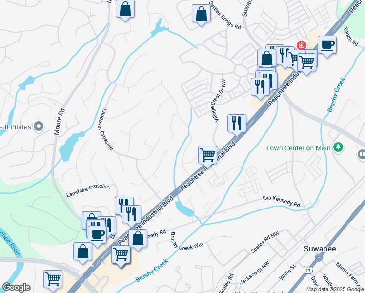map of restaurants, bars, coffee shops, grocery stores, and more near 4294 Silver Peak Parkway in Suwanee