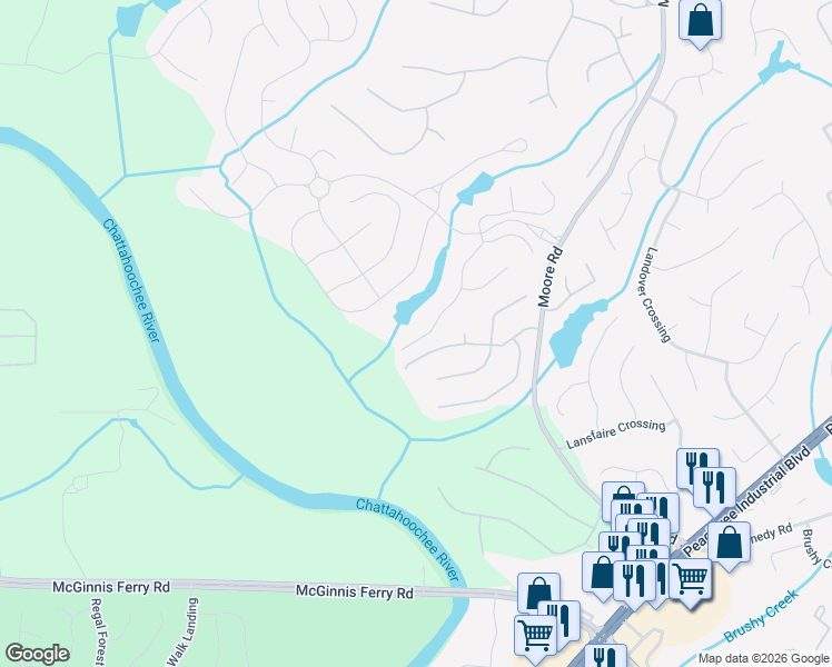 map of restaurants, bars, coffee shops, grocery stores, and more near 1085 Allen Lake Lane in Suwanee