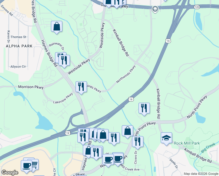 map of restaurants, bars, coffee shops, grocery stores, and more near 2505-2519 Northwinds Pkwy in Alpharetta